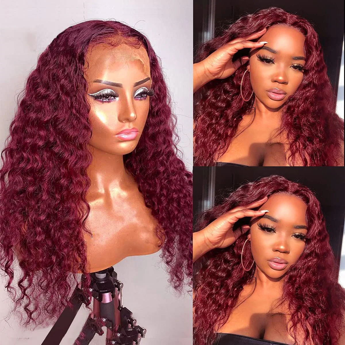 QVR 99J Burgundy Deep Wave Wigs Remy Human Hair Glueless Wigs 16-30 Inch Colored Curly 13x4 Lace Frontal Wigs - Image 3