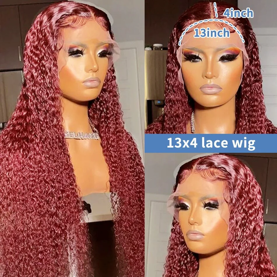 QVR 99J Burgundy Deep Wave Wigs Remy Human Hair Glueless Wigs 16-30 Inch Colored Curly 13x4 Lace Frontal Wigs - Image 5