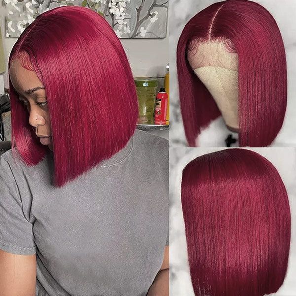 QVR 99J Burgundy Color T Lace Short Bob Wigs Straight Human Hair Wig 180% Lace Front Wigs - Image 3