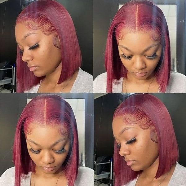 QVR 99J Burgundy Color T Lace Short Bob Wigs Straight Human Hair Wig 180% Lace Front Wigs - Image 7
