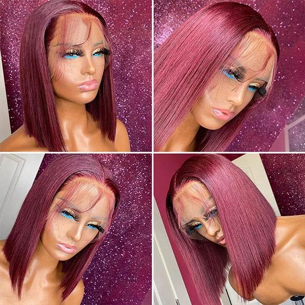 QVR 99J Burgundy Color T Lace Short Bob Wigs Straight Human Hair Wig 180% Lace Front Wigs - Image 8