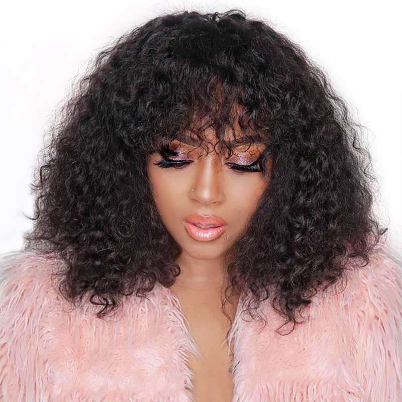 QVR 12A Grade Kinky Curly Wig Brazilian Human Hair Wigs With Bangs Full Machine Made Fringe Wigs - Image 3