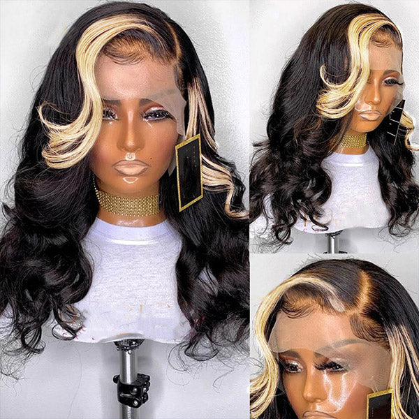 Skunk Stripe Natural Black with 613 blonde Body wave 13x4 Transparent Lace Front Human Hair Wig - Image 3