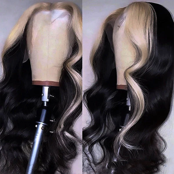 Skunk Stripe Natural Black with 613 blonde Body wave 13x4 Transparent Lace Front Human Hair Wig - Image 4