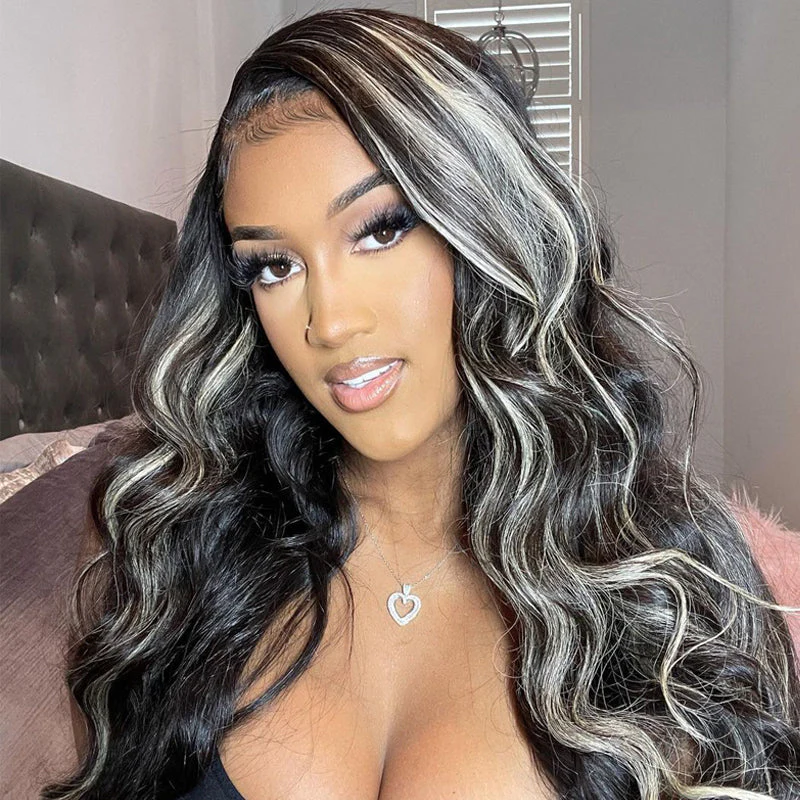 QVR Platinum Blonde Highlights Colored Wig 4x4/13x4 HD Transparent Lace Frontal Wig Mix Color Human Hair Wig - Image 9