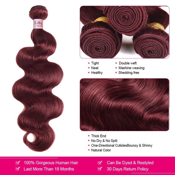 Burgundy Human Hair Bundles with Closure 99J Body Wave Hair 3 Bundles with Lace Closure - Image 3