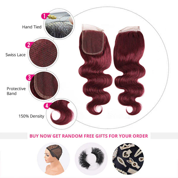 Burgundy Human Hair Bundles with Closure 99J Body Wave Hair 3 Bundles with Lace Closure - Image 4