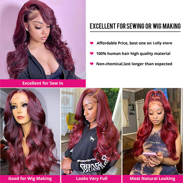 Burgundy Human Hair Bundles with Closure 99J Body Wave Hair 3 Bundles with Lace Closure - Image 5