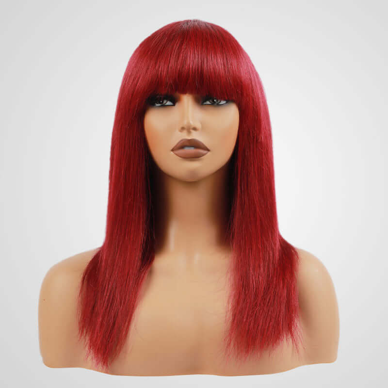 Flash Sale|Burgundy Straight Machine Made Wig With Bang No Lace - Image 3