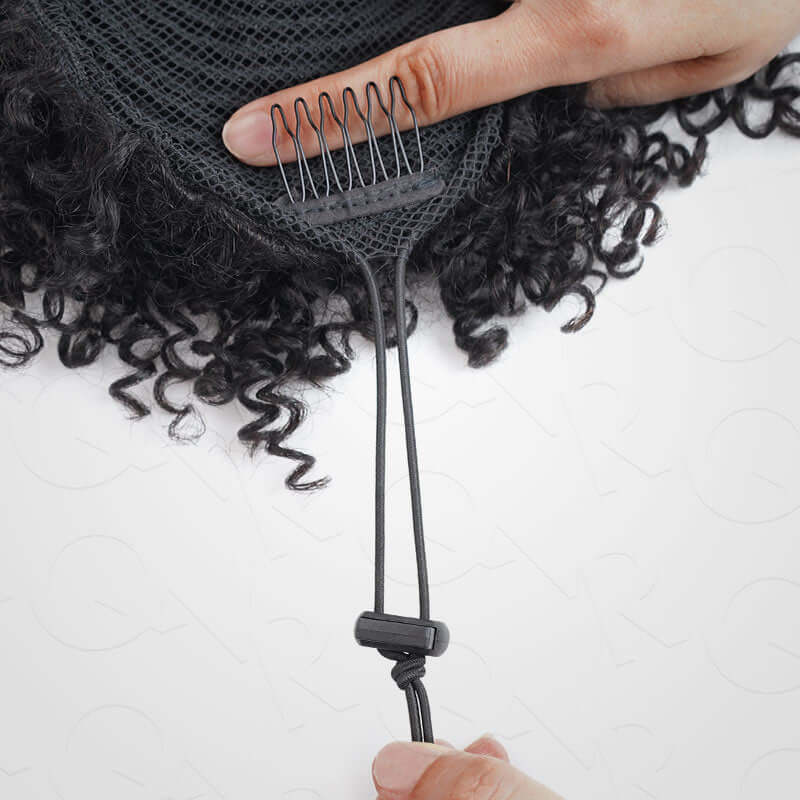 QVR Drawstring Ponytail Extension With Bangs Short Curly Human Hair Ponytail Hairstyle - Image 7