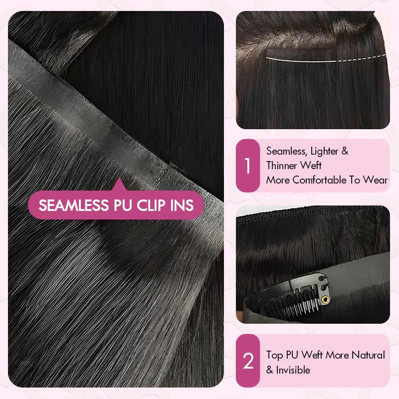 QVR Invisible 9PCS Weft Clip In Hair Extensions 5PCS Volumizer Natural Straight PU Clip In Human Hair - Image 8