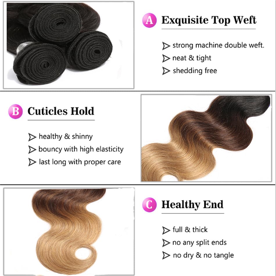 Ombre Color 1b/4/27 Body Wave 3 Bundles Virgin Hair - Image 5