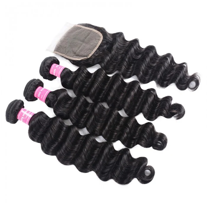 Loose Deep Wave Bundles with Closure Peruvian Hair Bundles with Closure Remy 100% Human Hair Bundles with 4x4 lace Closure - Image 5