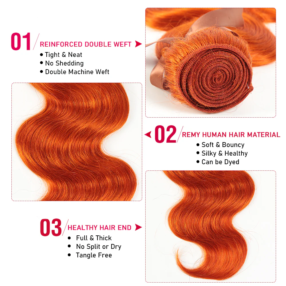 QVR Body Wave Human Hair Bundles 3 Ginger Orange Human Hair Bundles with Blonde Lace Closure Skunk Stripe - Image 6