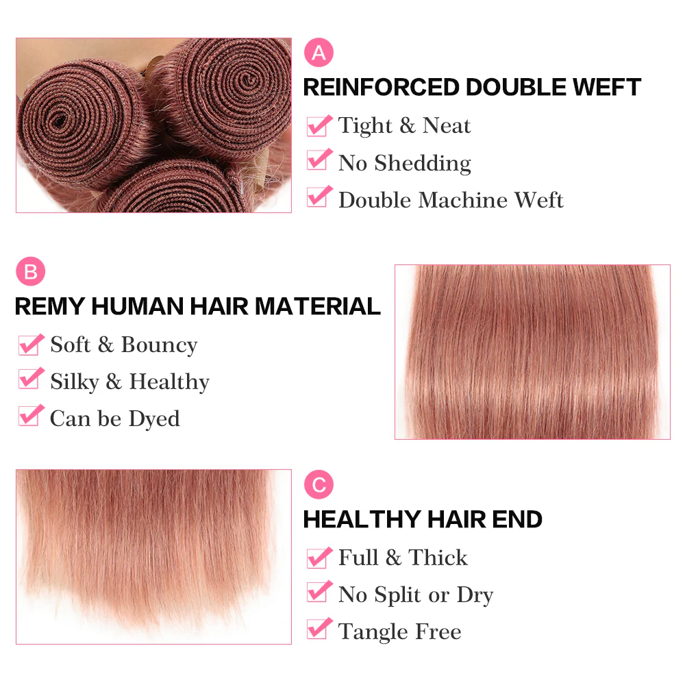 QVR Straight Bundles With Closure Remy Human Hair Weave 3 bundles with 4*4 Lace Closure Pink Color - Image 4