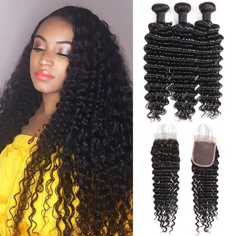 Queen Remy Human Hair Water Wave Bundles Deep Wave Jerry Curly Kinky Curly  3 Bundles With Closure 4x4 Lace Closure - Image 3