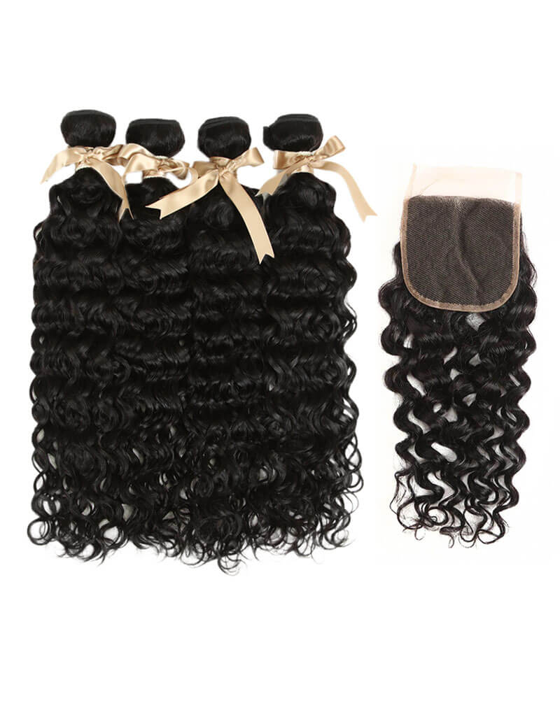 Queen Remy Human Hair Bundles Water Wave 4 Bundles With 4x4 Lace Closure - Image 3