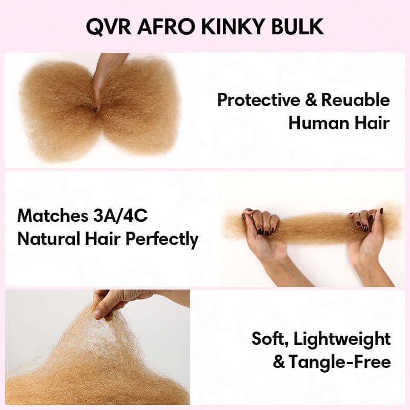 QVR Honey Blonde Color Afro kinky Bulk Hair Extensions For Braiding Dreadlock Human Hair - Image 9