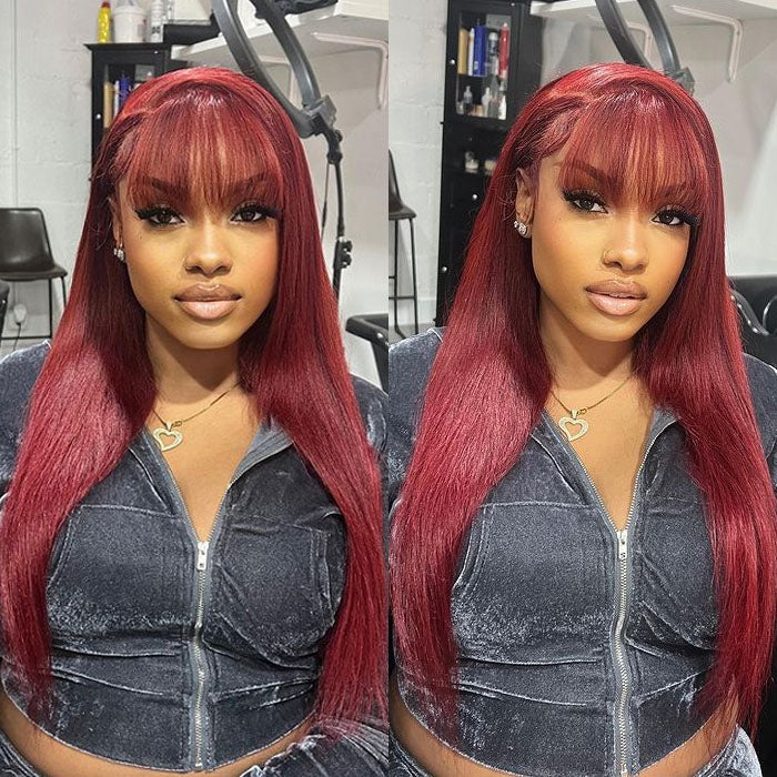 QVR 99J Burgundy Color Machine Made Wig With Bangs Stright Human Hair Wigs No Lace - Image 3