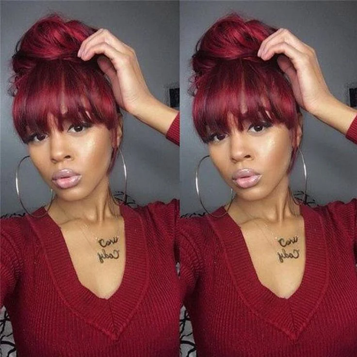 QVR 99J Burgundy Color Machine Made Wig With Bangs Stright Human Hair Wigs No Lace - Image 4