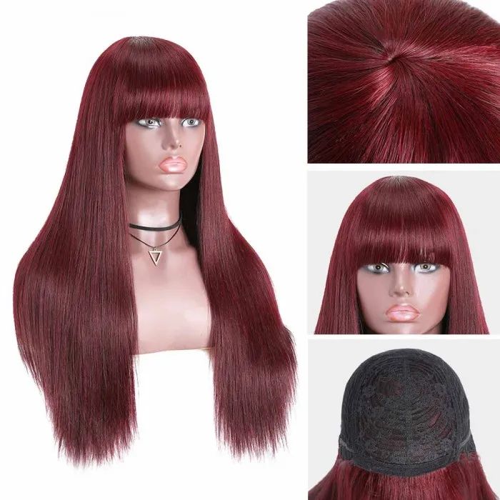 QVR 99J Burgundy Color Machine Made Wig With Bangs Stright Human Hair Wigs No Lace - Image 6