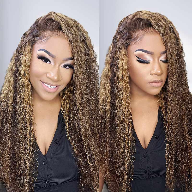 QVR Balayage Funmi Curly Glueless 5x5 Lace Closure Wig Brown Highlights Human Hair Wigs - Image 3