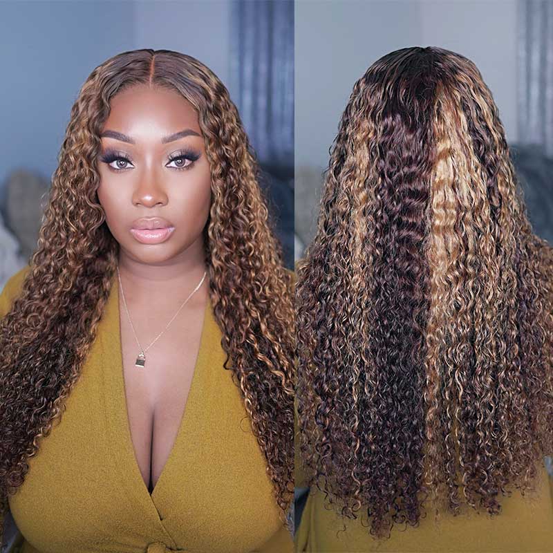 QVR Balayage Funmi Curly Glueless 5x5 Lace Closure Wig Brown Highlights Human Hair Wigs - Image 4