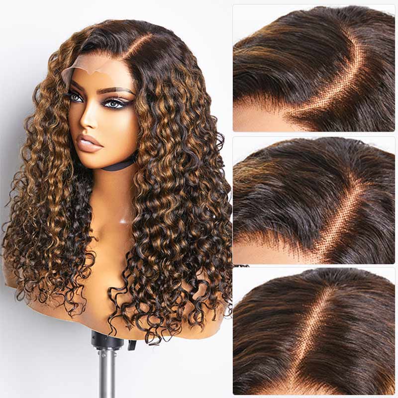 QVR Balayage Funmi Curly Glueless 5x5 Lace Closure Wig Brown Highlights Human Hair Wigs - Image 5