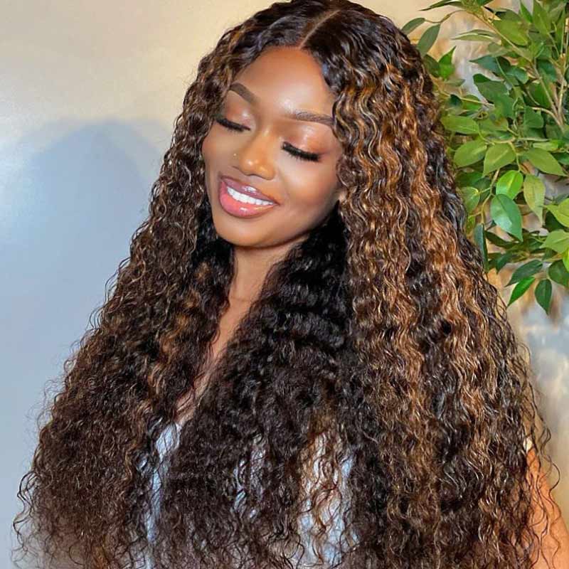 QVR Balayage Funmi Curly Glueless 5x5 Lace Closure Wig Brown Highlights Human Hair Wigs - Image 6
