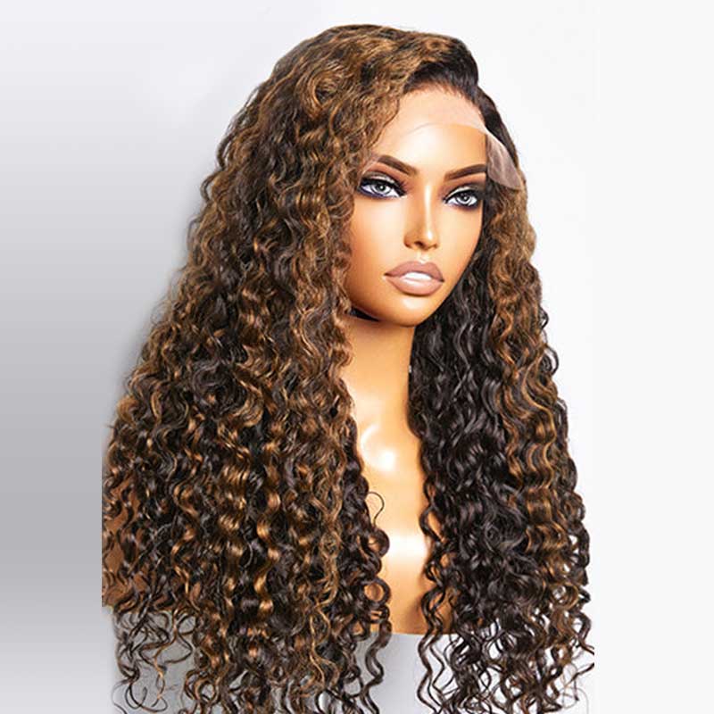 QVR Balayage Funmi Curly Glueless 5x5 Lace Closure Wig Brown Highlights Human Hair Wigs - Image 7