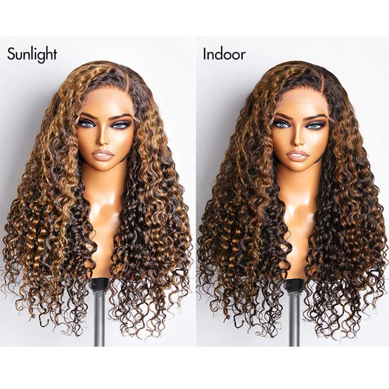 QVR Balayage Funmi Curly Glueless 5x5 Lace Closure Wig Brown Highlights Human Hair Wigs - Image 9