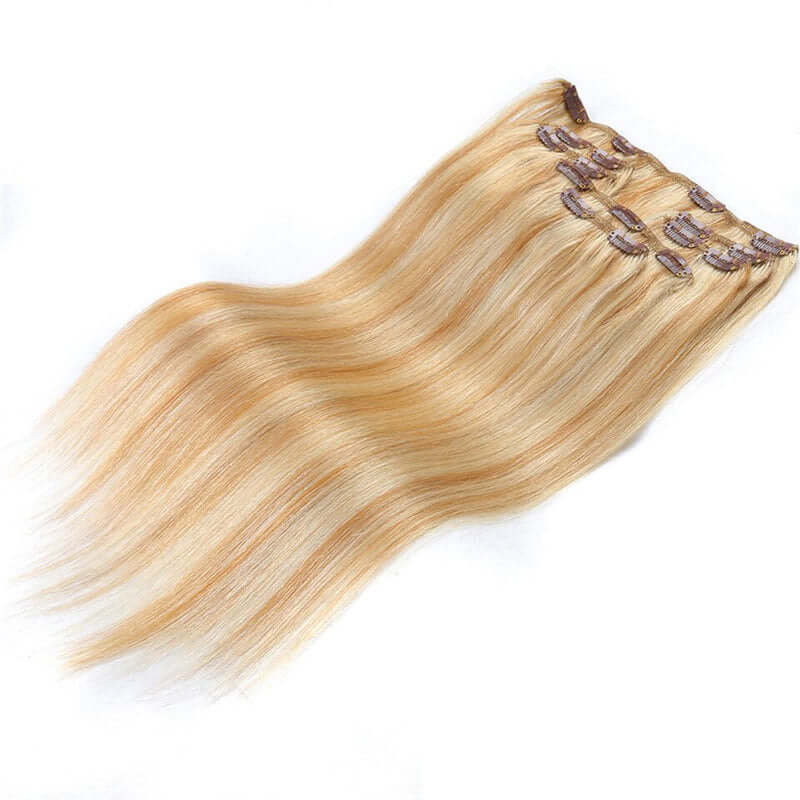 QVR Blonde Straight 7Pcs Clip in Hair Extensions Highlight #P27/613 Color Virgin Human Hair - Image 3