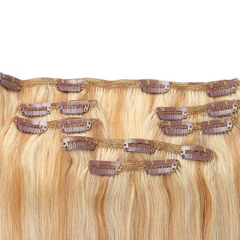 QVR Blonde Straight 7Pcs Clip in Hair Extensions Highlight #P27/613 Color Virgin Human Hair - Image 4