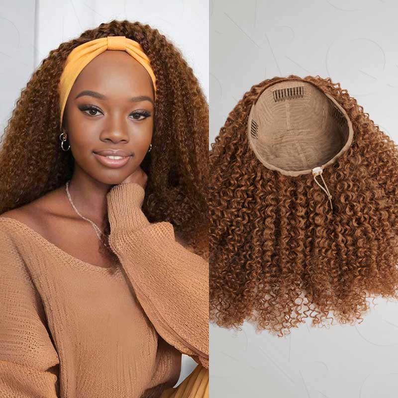 QVR Glueless Auburn Brown Kinky Curly Straight Half Wig 250% Density Human Hair Wig Wear Go Flip Over Wig - Image 9