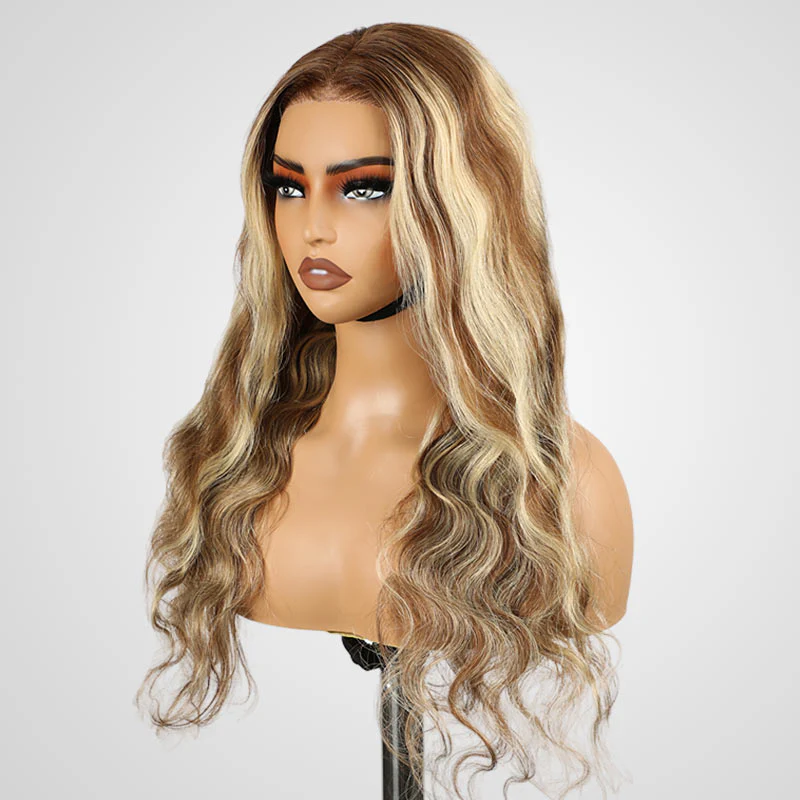 QVR Glueless Highlights Brown With Blonde Pre-cut 4x6 Lace Straight&Body Wave #P5/613 Wigs - Image 10