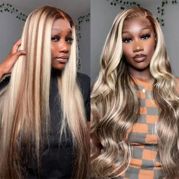 QVR Glueless Highlights Brown With Blonde Pre-cut 4x6 Lace Straight&Body Wave #P5/613 Wigs - Image 3