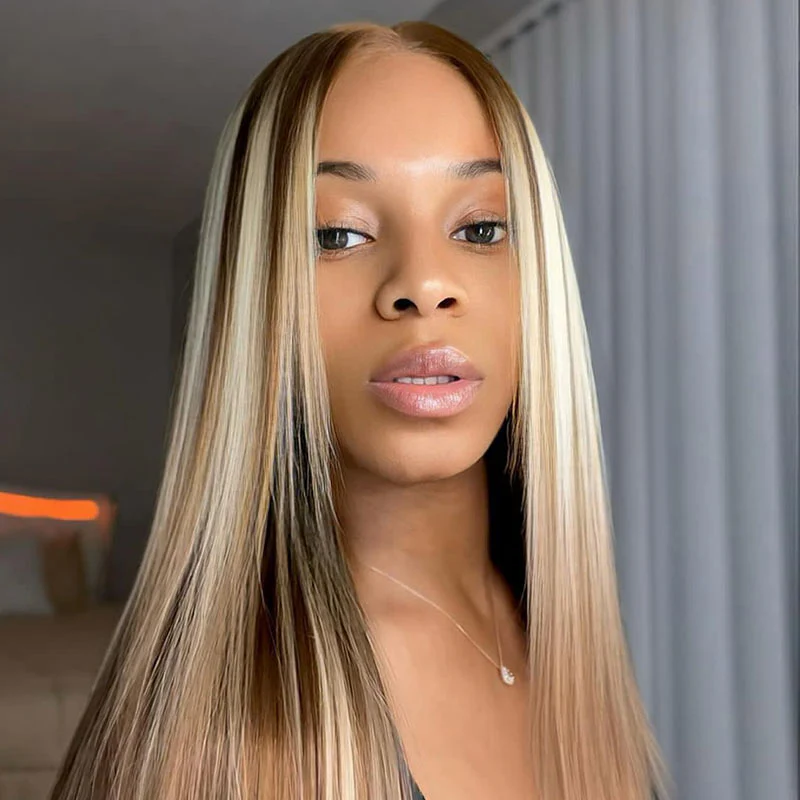 QVR Glueless Highlights Brown With Blonde Pre-cut 4x6 Lace Straight&Body Wave #P5/613 Wigs - Image 4