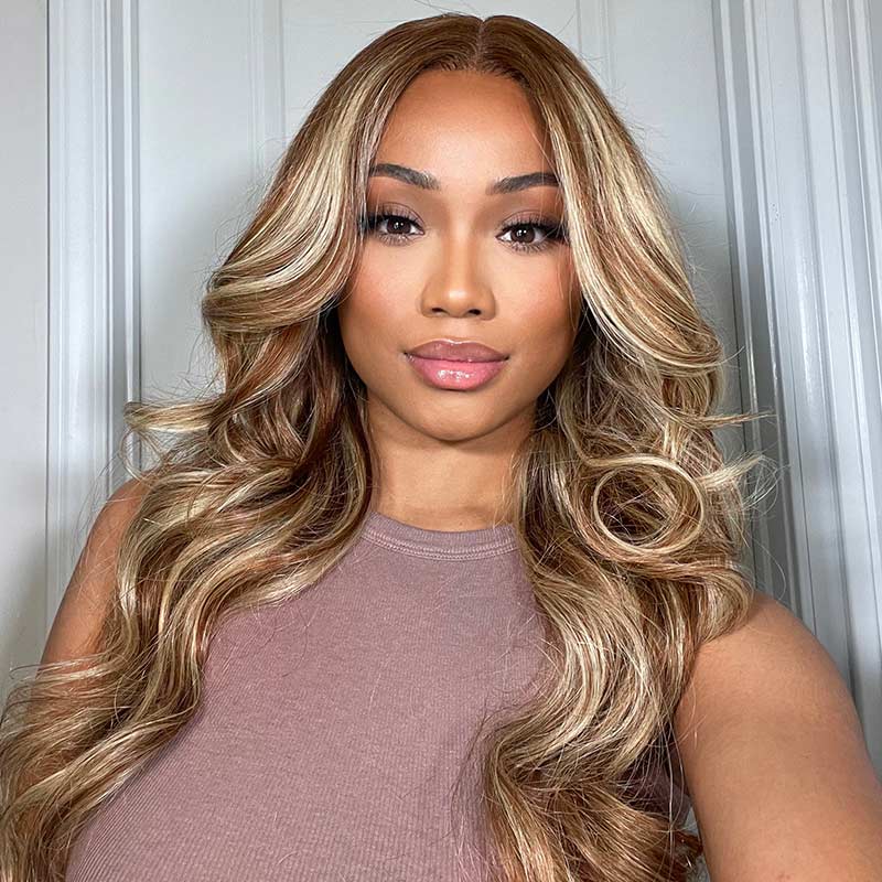QVR Glueless Highlights Brown With Blonde Pre-cut 4x6 Lace Straight&Body Wave #P5/613 Wigs - Image 6