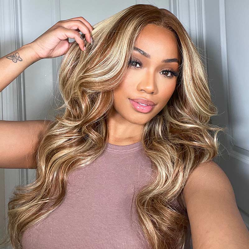 QVR Glueless Highlights Brown With Blonde Pre-cut 4x6 Lace Straight&Body Wave #P5/613 Wigs - Image 7