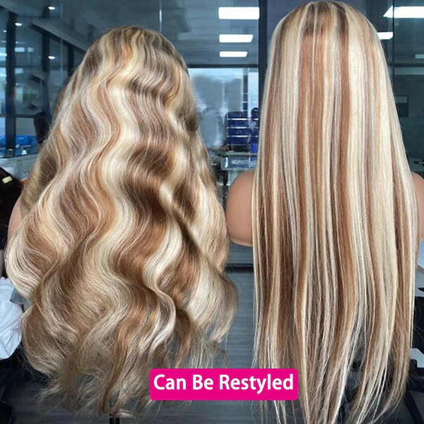 QVR Glueless Highlights Brown With Blonde Pre-cut 4x6 Lace Straight&Body Wave #P5/613 Wigs - Image 8