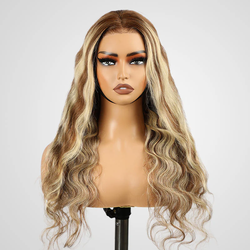 QVR Glueless Highlights Brown With Blonde Pre-cut 4x6 Lace Straight&Body Wave #P5/613 Wigs - Image 9
