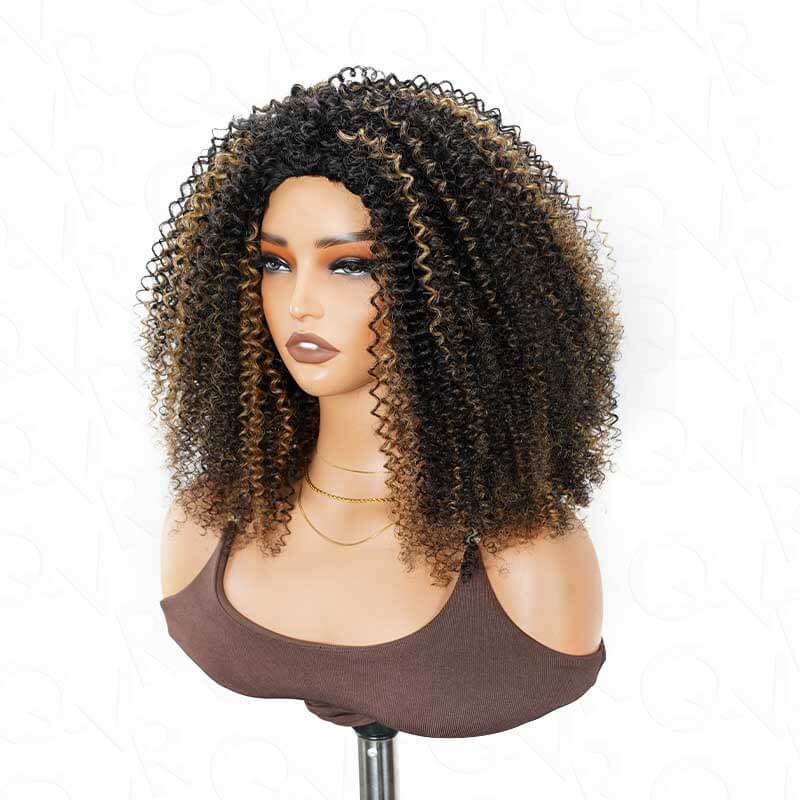 QVR Glueless Blonde Highlight Kinky Curly Half Wig 250% Density Human Hair Wig #1B/27 Wear Go Flip Over Wig - Image 7