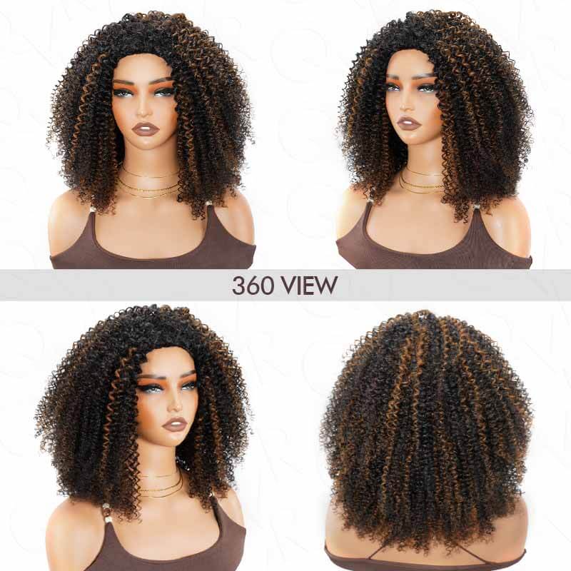 QVR Glueless Highlight Brown Kinky Curly Half Wig 250% Density Human Hair Wig #1B/30 Wear Go Flip Over Wig - Image 3