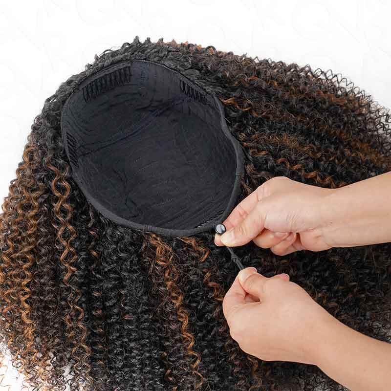 QVR Glueless Highlight Brown Kinky Curly Half Wig 250% Density Human Hair Wig #1B/30 Wear Go Flip Over Wig - Image 5