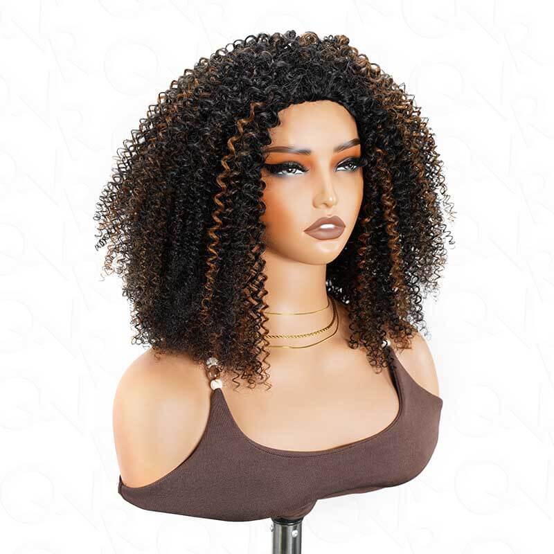 QVR Glueless Highlight Brown Kinky Curly Half Wig 250% Density Human Hair Wig #1B/30 Wear Go Flip Over Wig - Image 7
