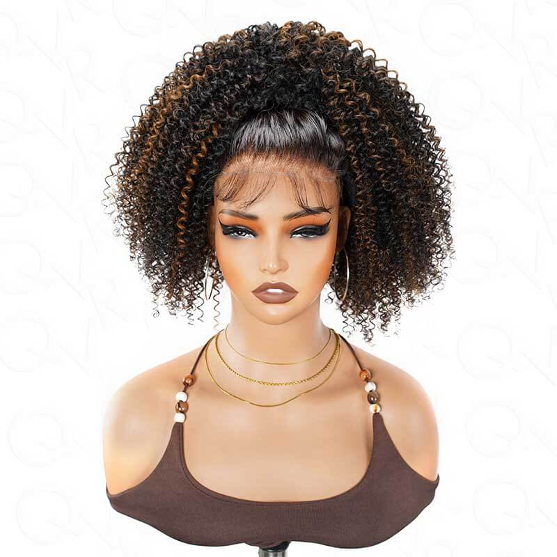 QVR Glueless Highlight Brown Kinky Curly Half Wig 250% Density Human Hair Wig #1B/30 Wear Go Flip Over Wig - Image 8