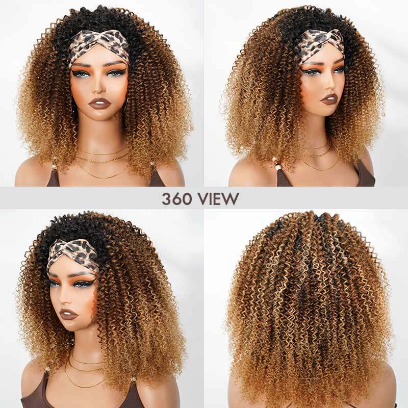 QVR Glueless Ombre Brown Blonde Kinky Curly Half Wig with Black Roots 250% Density Human Hair Wig #T1B/30/27 Wear Go Flip Over Wig - Image 3
