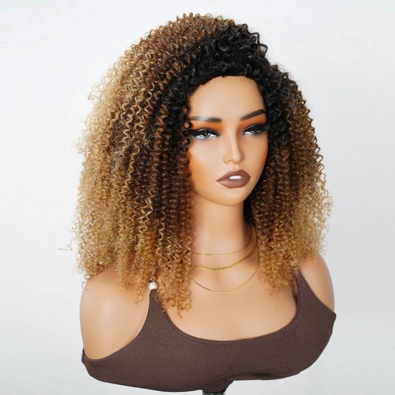 QVR Glueless Ombre Brown Blonde Kinky Curly Half Wig with Black Roots 250% Density Human Hair Wig #T1B/30/27 Wear Go Flip Over Wig - Image 6