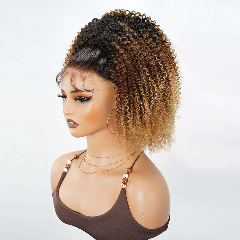 QVR Glueless Ombre Brown Blonde Kinky Curly Half Wig with Black Roots 250% Density Human Hair Wig #T1B/30/27 Wear Go Flip Over Wig - Image 7