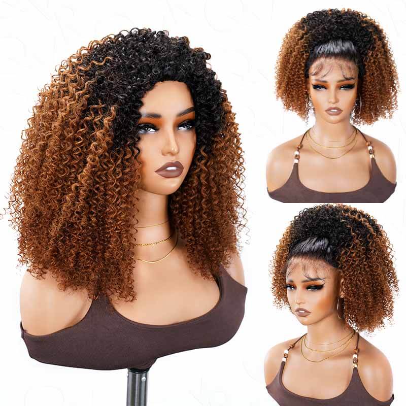 QVR Glueless Ombre Brown Kinky Curly Half Wig with Black Roots 250% Density Human Hair Wig #T1B/30 Wear Go Flip Over Wig - Image 3